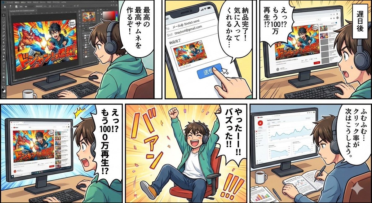 YouTube 缩略图创作者的工作流程五格漫画