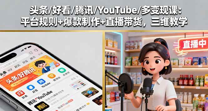 （16147期）头条/好看/腾讯/YouTube/多变现课：平台规则+爆款制作+直播带货，三维教学